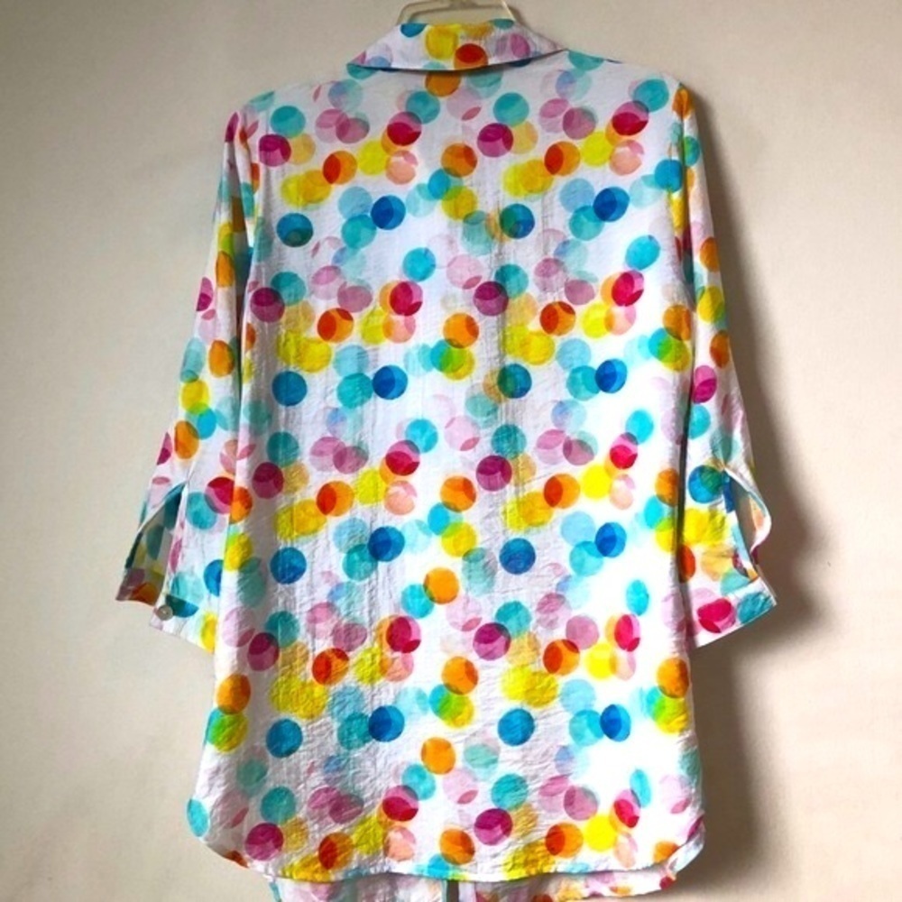 Alison Sheri Polka Dot Smock Top Multi Colour 3/4 Roll-Tab Sleeve Shell Buttons - Picture 2 of 10